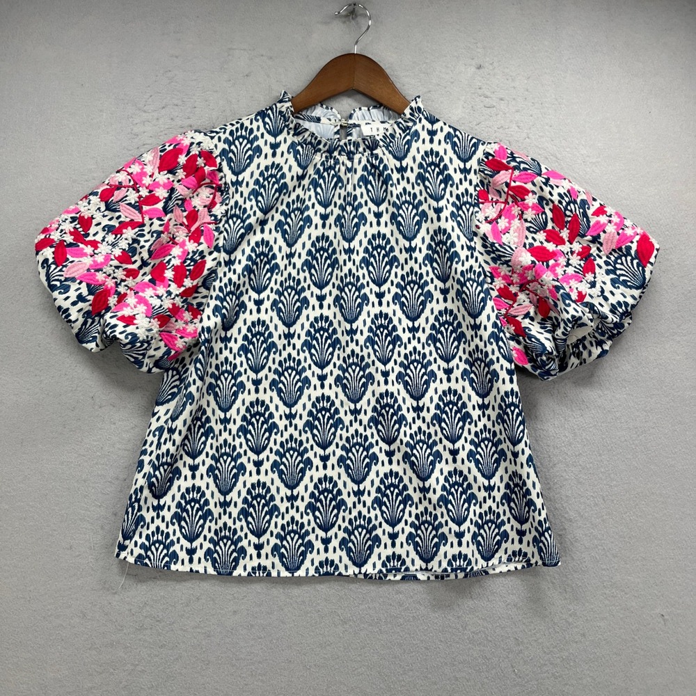 THML Blouse Womens Medium Blue Ikat Puff Sleeve Floral Embroidered Boho Vacation